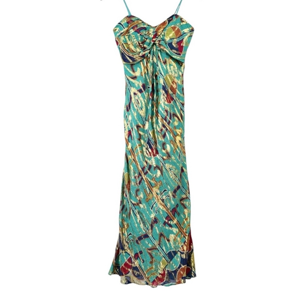 Nicole Miller Teal & Gold Embellished Silk Formal Evening Dress